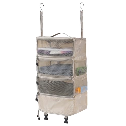 Surblue Hanging Travel Organizer Portable Hanging Luggage Organizer Multiple Compartments Collapsible Compression Closet Packing Cubes,Beige,M - color: Beige, size: Medium