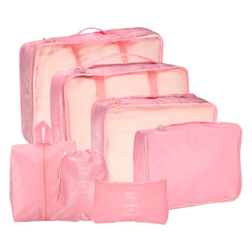 uxcell 7Set Travel Packing Cube, Travel Bags Organizer Luggage Organizer Bags Lightweight Compression Cube Travel Essentials with Shoe Bag for Outdoor Carry on Suitcases, Pink - color: Pink