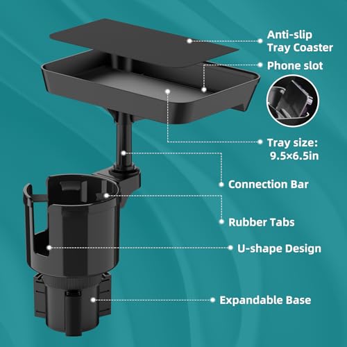 TYKOR Car Cup Holder Tray, 9.5" Car Food Tray Table for Eating | Cup Holder Expander Adapter for Car, Fits Yeti, Hydro Flask, Other Bottles and Mugs in 16-46 oz, Car Road Trip Essentials
