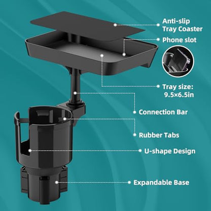 TYKOR Car Cup Holder Tray, 9.5" Car Food Tray Table for Eating | Cup Holder Expander Adapter for Car, Fits Yeti, Hydro Flask, Other Bottles and Mugs in 16-46 oz, Car Road Trip Essentials