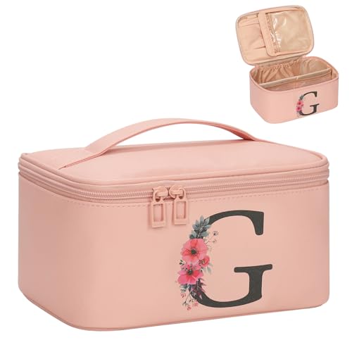 OCHEAL Initial Makeup Bag,Monogram Make up Bag Pink Travel Makeup Organizer Case Beauty Toiletry Cosmetic Bag with Brush Holder, Trendy Stuff Personalized Gifts for Women and Girls-G - color: Pink, style: G