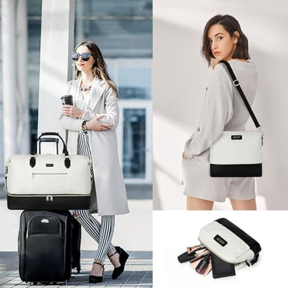 ITIEZY Weekender Overnight Bag for Women - Large Travel Duffel Bag with Shoe Compartment, Gym Duffel Bag Hospital Bag Carry On Tote Bags for Airplanes with Crossbody Bag Toiletry Bag 3Pcs Set - color: 6-Off White
