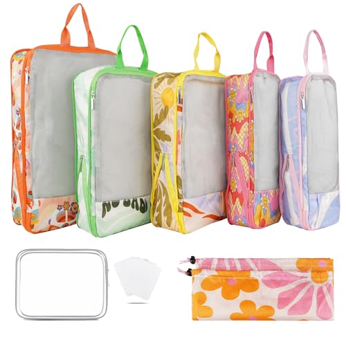 7 Pcs Compression Packing Cubes Travel for Suitcases, Luggage Organizer Washable Storage Bags Set for Backpack Travel- Packaging Cubes for Carry-Ons and Storage - color: yellow green