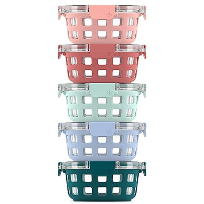 Ello Duraglass 3.4 Cup Round Meal Prep Sets 10Pc, 5 Pack Set- Glass Food Storage Container with Silicone Sleeve and Airtight BPA-Free Plastic Lids, Dishwasher, Microwave, and Freezer Safe, Melon - color: Melon Rounds
