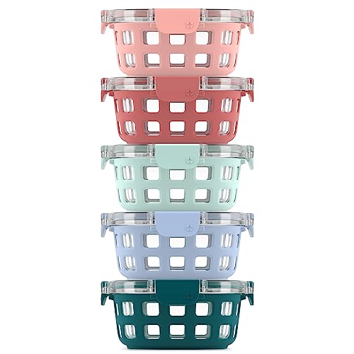 Ello Duraglass 3.4 Cup Round Meal Prep Sets 10Pc, 5 Pack Set- Glass Food Storage Container with Silicone Sleeve and Airtight BPA-Free Plastic Lids, Dishwasher, Microwave, and Freezer Safe, Melon - color: Melon Rounds