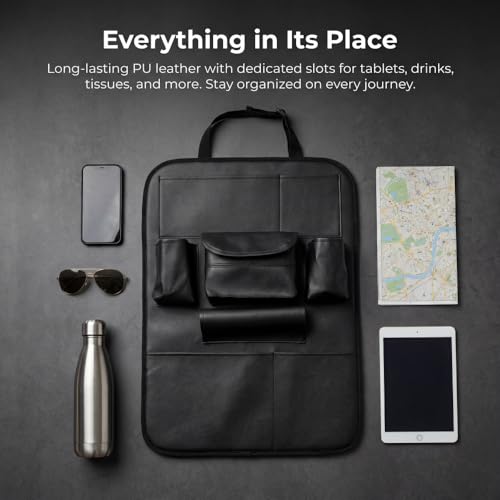 2 Pack PU Leather Premium Car SeatBack Organizer Travel Accessories Kick mats Back seat Protector and Cup Holder Holder Universal Use Seat Covers (23×17 in)