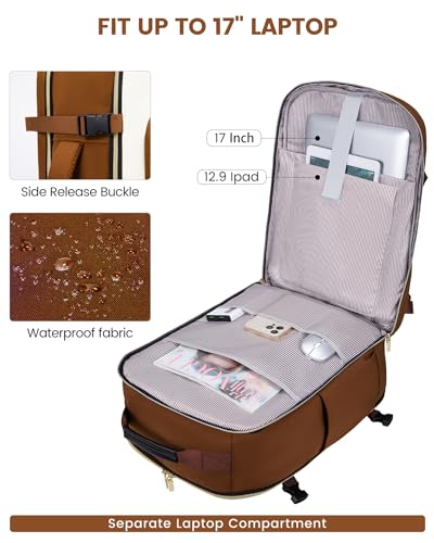 LOVEVOOK 40L Travel Backpack for Women & Men, Airline Approved Carry On Luggage with 3 Packing Cubes, TSA Overnight Bags, Waterproof Personal Item Bag, Weekender Essentials Backpacks fits 17" Laptop - color: Brown-beige-black, size: Large