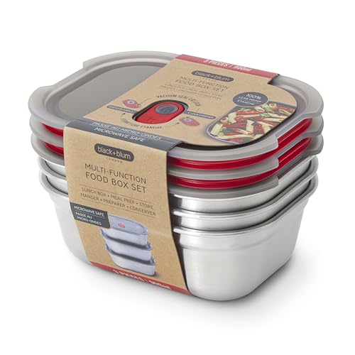 BLACK + BLUM Lunch Box Set - Meal Prep Containers Reusable for Picnic & Camping - Microwavable Stainless Steel Lunch & Dinner Food Storage Box - Leak Proof Lid - Dishwasher & Oven Safe - Medium 30oz - size: Medium Box Set (900ml x 3)