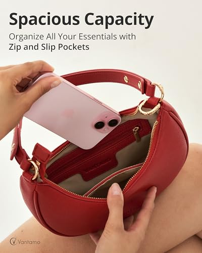 Vantamo Crescent Bags For Women with RFID Protection, Half Moon Clutch Purses for Women with Anti-Theft Clip for Extra Safety - color: Red