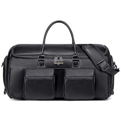 Leather Duffle Bags for Men, Vessgra 2 in 1 Suit Bag Travel 56L Duffel Bags for Traveling PU Leather Garment Bag with Shoe Compartment,Travel Carry on Bag, Weekender Bussiness Wedding,Black - color: Black