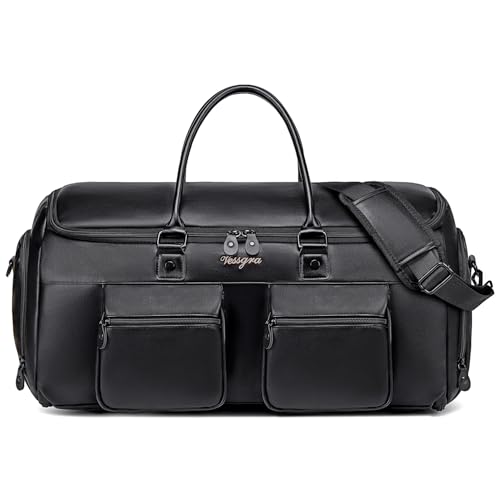 Leather Duffle Bags for Men, Vessgra 2 in 1 Suit Bag Travel 56L Duffel Bags for Traveling PU Leather Garment Bag with Shoe Compartment,Travel Carry on Bag, Weekender Bussiness Wedding,Black - color: Black