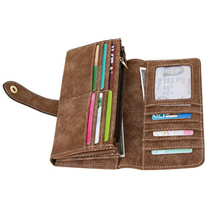 Women's Vegan Leather 17 Card Slots Card Holder Long Big Bifold Wallet - color: Coffee