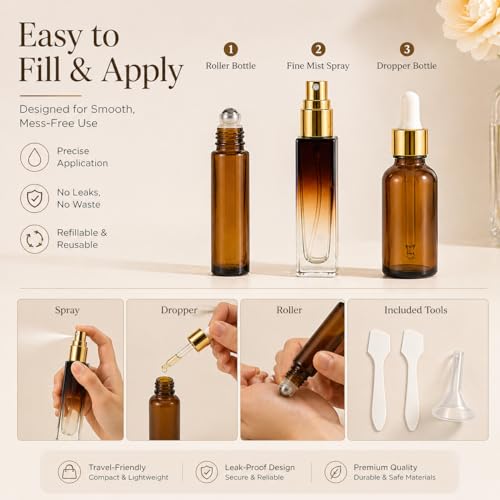 18Pack Avoid Light Glass Travel Bottles for Toiletries, TSA Approved Travel Skincare Containers with Label, BPA Free Leak Proof,Golden-Brown - color: Golden-brown glass