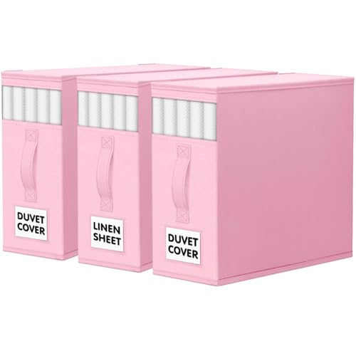 WOWBOX Sheet Organizers and Storage,Closet Bed Sheet Organizer Under Bed Storage and Organization with Label Cards & Clear Window for Bedding Sheets,Duvet Covers,Blankets (3 Pack，Pink) - color: Pink, size: 3 Pack