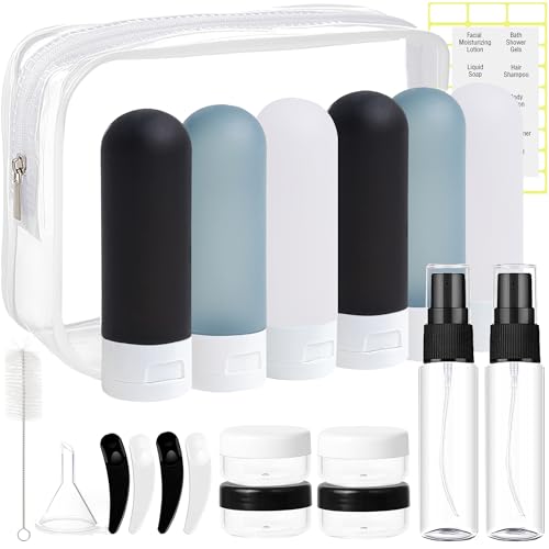 DEWSENSI 20 Pack Travel Bottles Set for Toiletries TSA Approved Leak Proof Travel Size Containers Kit Portable Refillable Travel Accessories for Shampoo Conditioner Lotion Liquids (Dark Color) - color: dark blue & black & white