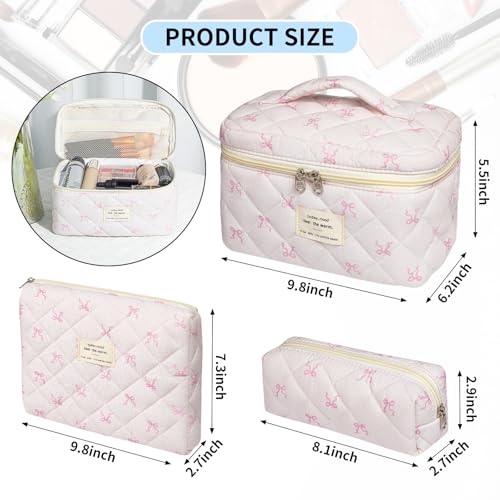 senbowe Floral Makeup Bag, 3 Pack Large Cotton Quilted Makeup Bag Set, Cute Floral Coquette Aesthetic Toiletry Bag Make Up Cosmetic Bag for Women, Toiletry Travel Make Up Organizer Bag - color: Light Pink Bow