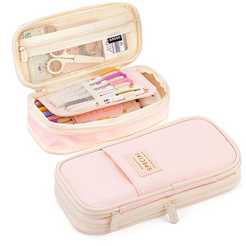 MAMUNU Expandable Pencil case with compartments, Large Capacity Pencil Cases Pencil Bag Pouch Office School, Portable Pencil Case Large School Stationery Organizer, Makeup Cosmetic Bag, Pink - color: Pink