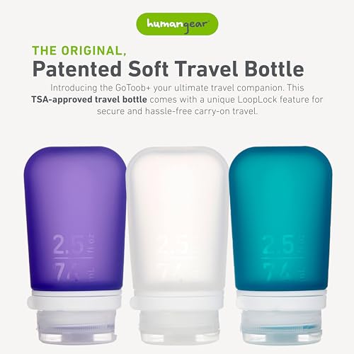 humangear GoToob+ Bottles - Silicone Leak-Proof Travel Tubes for Toiletries, Camping & TSA Carry-On (3-Pack), Medium (2.5 fl oz; 74ml), Clear/Purple/Teal - color: Purple/Clear/Teal, size: 2.5 Ounces