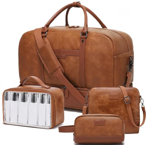 Wogarl Weekender Bag for Women Men Large Overnight Bag Travel Duffel Bag with Shoe Compartment Toiletry Satchel Bag Carry On Bag Fit 21" Laptop - color: Light Brown