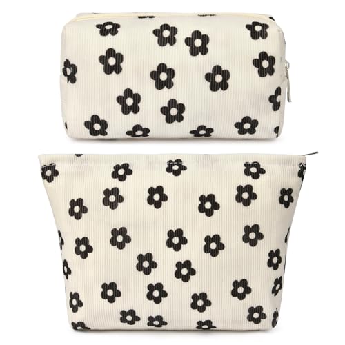 SOIDRAM 2 Pcs Makeup Bag Large Cosmetic Bag Toiletry Bag Makeup Pouch Travel Bag Organizer Cute Makeup Brushes Aesthetic Accessories Storage Bag for Women Black Floral Corduroy - color: Black Floral Corduroy