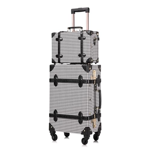 UNIWALKER Vintage Carry on Luggage Set, 2 Piece Retro Spinner Trunk Suitcase with Cosmetic Train Case for Women (20"+12", grid) - color: grid, size: 20in+12in