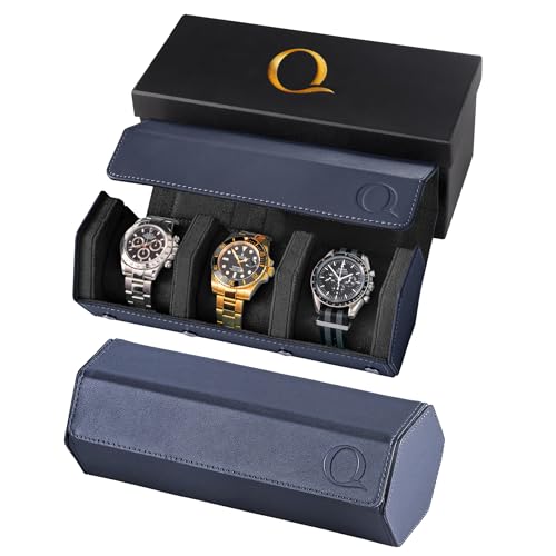 QWATCHBANDS Napa Leather Watch Rolls for Men - Hexagon Triple Watch Roll Travel Case for 3 Watches - Storage Organizer Genuine Leather with Velvet Interior Display (Blue/Black) - color: 3 - Blue / Black