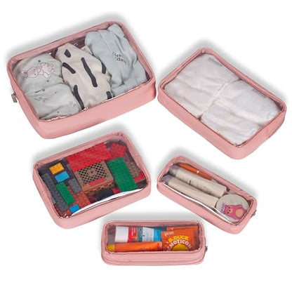 Remobia Hicol TSA Approved 5-Piece Diaper Bag Organizer Pouch Set Clear Waterproof TPU Kids Toiletry Storage Set Travel Packing Clutch Cube Bags for Baby Nursing (Pink Leather) - color: Pink Leather