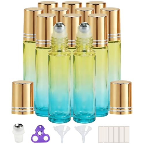 PrettyCare 12 Pack, 10 ml Essential Oil Roller Bottles with Stainless Steel Roller Ball - Refillable Leak-proof Empty Thick Blue& Yellow Glass Roll on Bottles with Golden Caps for Travel, Perfume - color: Gradient Blue-Green, size: 12 Pack