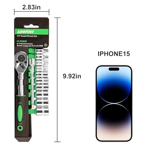 Egofine 12pcs 1/4 Inch Mini Ratchet Socket Wrench Set, Drive Socket Set with 10 Sockets (4-13mm) and 2 Way Quick Released Ratchet Handle and Extension Bar, Green - size: 1/4, style: 12PC Green Standard Socket Set