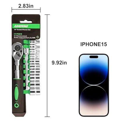 Egofine 12pcs 1/4 Inch Mini Ratchet Socket Wrench Set, Drive Socket Set with 10 Sockets (4-13mm) and 2 Way Quick Released Ratchet Handle and Extension Bar, Green - size: 1/4, style: 12PC Green Standard Socket Set