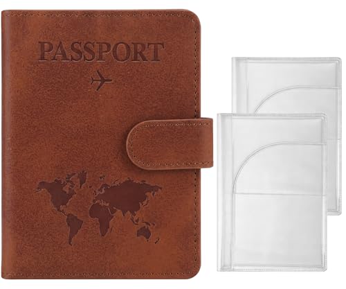 3-Pack Passport Holder Set | RFID Blocking PU Leather Travel Passport Wallet with Magnetic Button + 2 Clear PVC Passport Covers | Travel Document Organizer for Men & Women (Brown) - color: Brown