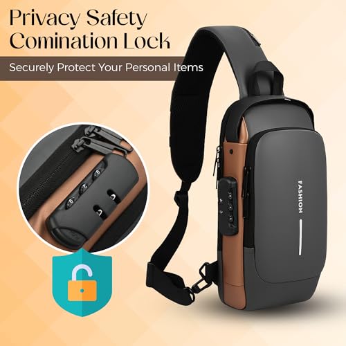 Unisex Anti-Theft Sling Bag with USB Port, Water-Resistant Crossbody Chest Backpack for Travel & Work - color: Grey & Golden