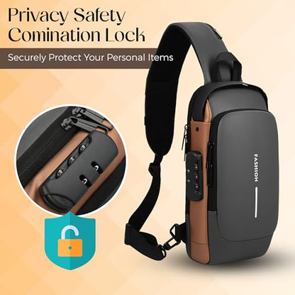 Unisex Anti-Theft Sling Bag with USB Port, Water-Resistant Crossbody Chest Backpack for Travel & Work - color: Grey & Golden