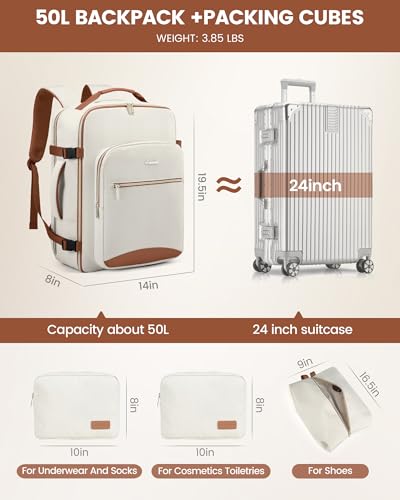LOVEVOOK 50L Travel Backpack Flight Approved Carry on Backpack,3 Packing Cubes,Waterproof Personal Item Travel Bag,TSA Carry on Luggage Suitcase Travel Essentials,Gifts for Women & Men,fits 18" Laptop - color: Beige-brown, size: X-Large-50L-4Pcs