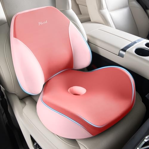 FLORICH Lumbar Support Pillow and Car Seat Cushion for Driving Car Office Chair, Memory Foam Back Support Pillow and Office Seat Chair Cushion for Sciatica Pain Relief - Pink - color: B-cushion&lumbar Pillow-pink