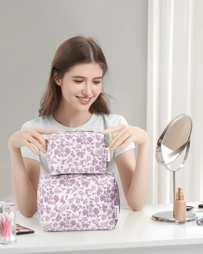 Narwey Small Cute Floral Makeup Bag for Purse Mini Cosmetic Bag Travel Makeup Pouch Zipper Pouch Cute Make up Bags with Compartments for Women Girls (Dusty Pink Flower, Small) - color: YA-Dusty Pink Flower, style: Small