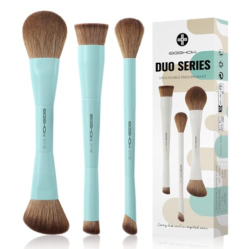 EIGSHOW Makeup Brush Set, 3Pcs Dual Ended Face Makeup Brushes for Foundation Powder Contour Highlight Concealer Nose Shadow, Travel Gift Set (Cyan) - color: Cyan