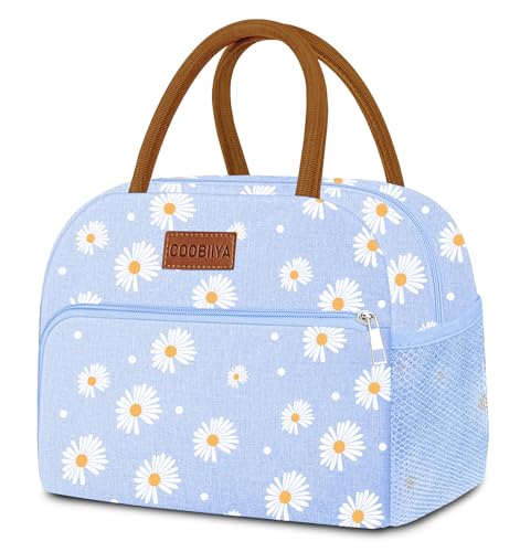 Coobiiya Lunch Bag Lunch Box for Women Men, Reusable Cute Lunchbag - Leakproof, Adult Insulated Lunch Box Tote with Large Capacity, Cooler Container for Work, Travel, Office (Blue Daisy) - color: Blue Daisy, size: A-regular