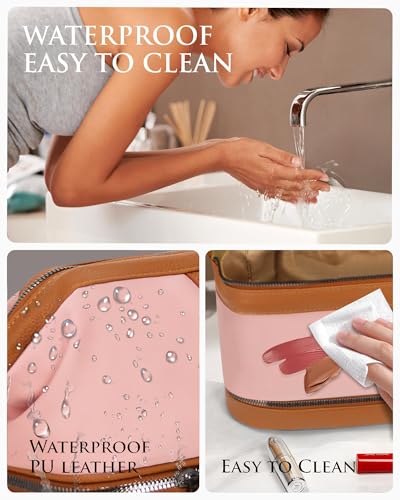 Double-Layer Toiletry Bag, Water-Resistant Hybrid Leather Cosmetic Organizer with Wet/Dry Compartments, 26x15x16cm, Pink - color: Pink