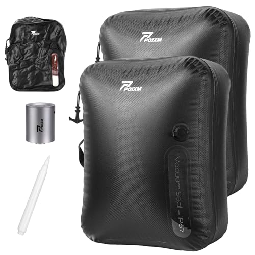 Vacuum Bags for Travel with Wireless Pump, 180° Open Zipper, IP67 Waterproof, Reusable Space Saver Compression Bags for Backpack, Suitcase, Home Storage(2 Pack + Pump) - color: Black - 2PC+P, size: Medium