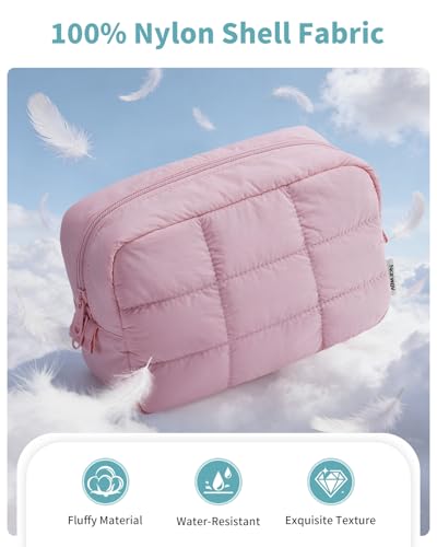 Narwey Puffer Travel Makeup Bag for Women Girl, Quilted Puffy Cosmetic Bag Make Up Bag Organizer, Cute Travel Toiletry Bag for Toiletries (Pink) - color: Pink