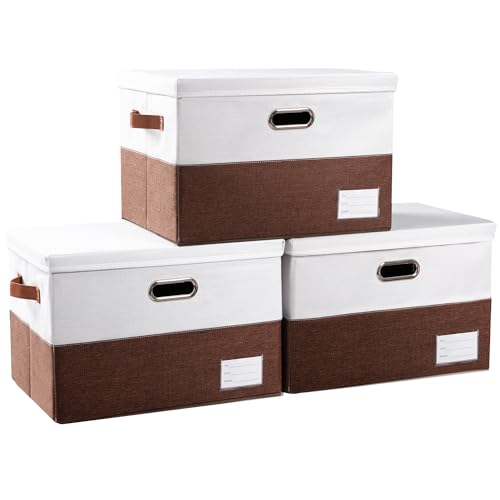 PRANDOM Foldable Storage Bins with Lids [3-Pack] Fabric Collapsible Storage Boxes Baskets Cubes Containers with Handles for Closet Living Room Bedroom (Brown & White 17.7x11.8x11.8'') - color: Brown & White, size: L(3-Pack)