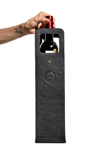 Premium Collection Single Bottle Wine Tote, Black | Genuine Leather, Elegant & Durable, Secure Locking Strap, Sophisticated Gift for Wine Enthusiasts - color: Black