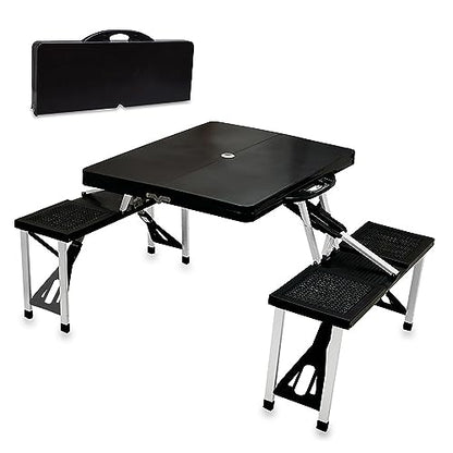 Picnic TIME Portable Folding Picnic Table with Seats for 4, Collapsible Aluminum Table with Benches & Umbrella Hole, Lightweight Foldable Table for Camping, Travel, Backyard, Tailgating | with Umbrella Hole - color: Black