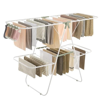 SONGMICS Clothes Drying Rack, Foldable 2-Level Laundry Drying Rack, Free-Standing Laundry Airer, with Height-Adjustable Wings, 33 Drying Rails, Sock Clips, White and Green ULLR053C01V1 - color: White + Green, size: 2 Tiers（22"d x 61.8"w x 64.3''h )