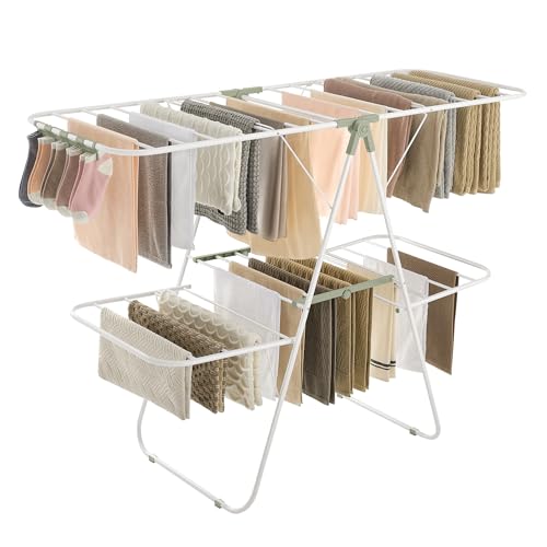SONGMICS Clothes Drying Rack, Foldable 2-Level Laundry Drying Rack, Free-Standing Laundry Airer, with Height-Adjustable Wings, 33 Drying Rails, Sock Clips, White and Green ULLR053C01V1 - color: White + Green, size: 2 Tiers（22"d x 61.8"w x 64.3''h )