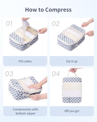 Narwey 6 Set Compression Packing Cubes for Travel Women Men, Travel Cubes for Carry On Suitcase, Durable Compression Luggage Organizer Bags - color: ZZ-Grayish Blue Checkerboard