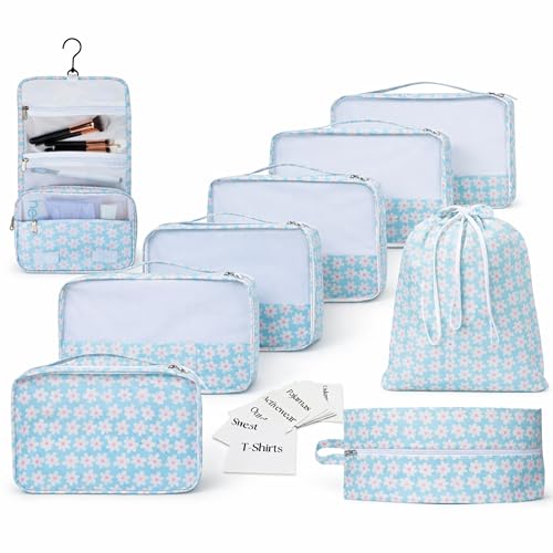 Packing Cubes Set – Cute Packing Cubes for Travel, Luggage Organizer Bags for Suitcase, For Kids & Family, Floral, Neutral & Aesthetic Travel Organizer Set-Blue Flower - color: Blue Flower