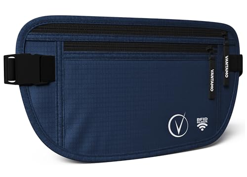 Vantamo Money Belt with RFID For Men & Women, Hidden Passport Holder for Travel, 2 Compartment Travel Fanny Pack for Women Anti Theft - color: Deep Blue & Black