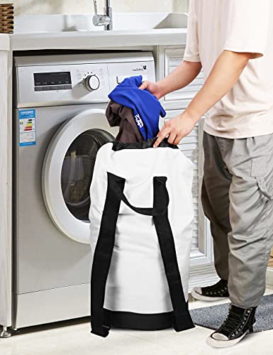 Dalykate Backpack Laundry Bag, Laundry Backpack with Shoulder Straps and Mesh Pocket Durable Nylon Clothes Hamper Bag with Drawstring Closure for College, Travel, Laundromat, Apartment - color: White